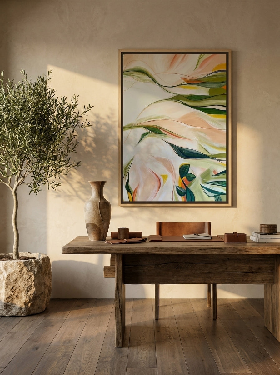 Canvas wall art with a natural timber surround styled on the wall in a luxe home office
