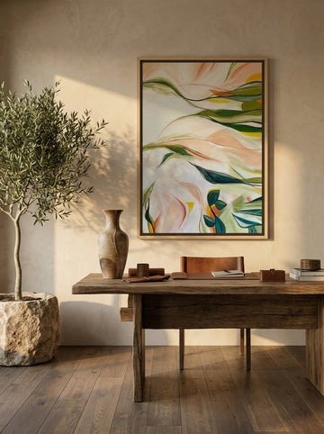 Canvas wall art with a natural timber surround styled on the wall in a luxe home office