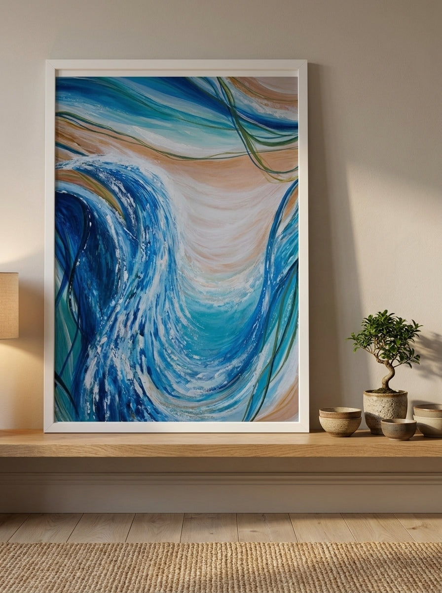 Modern wall art print standing on a shelf in a warm Japandi bathroom