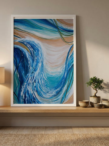 Modern wall art print standing on a shelf in a warm Japandi bathroom