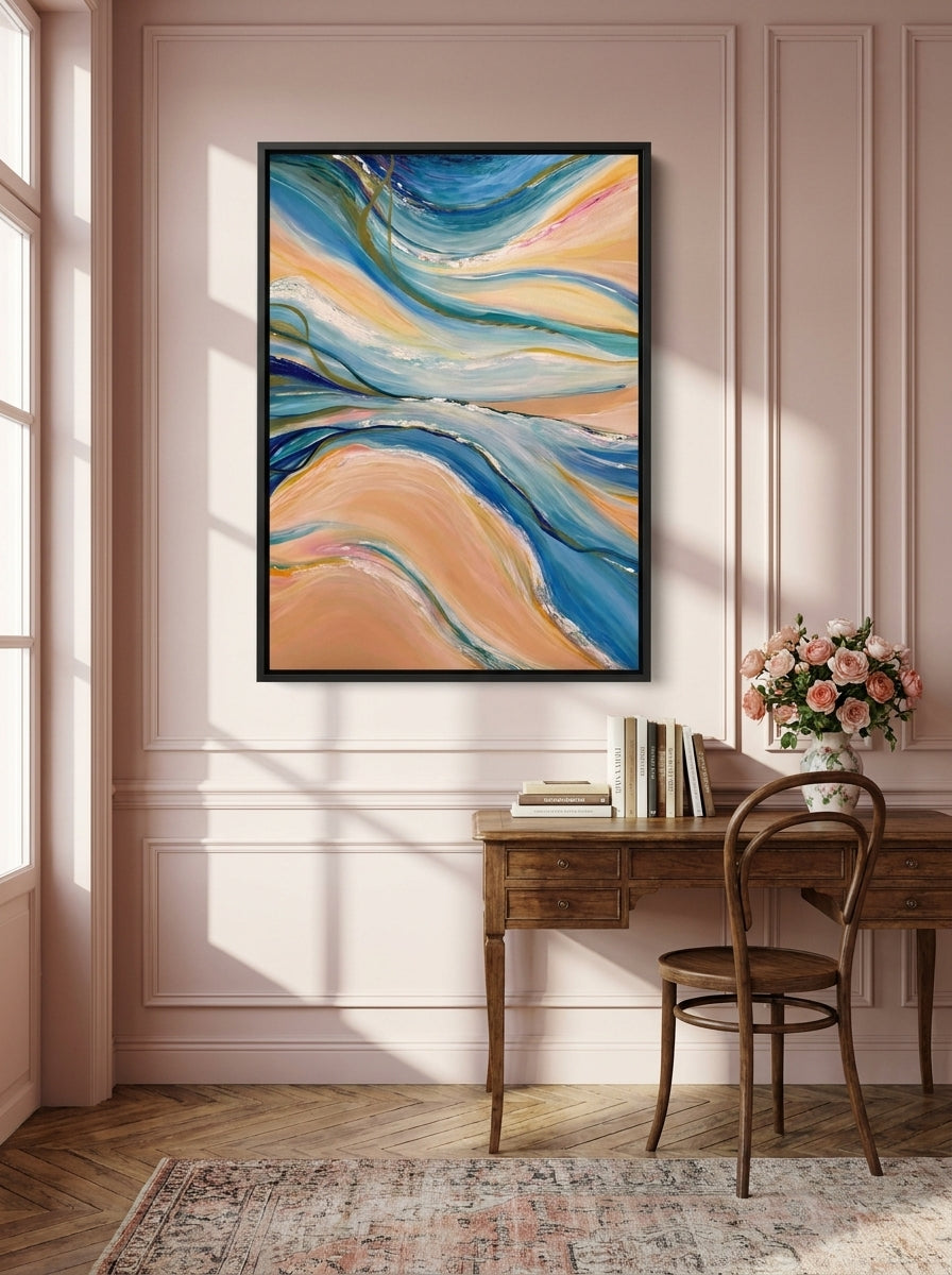 Canvas wall art with a black surround styled on the wall in a Parisian home office