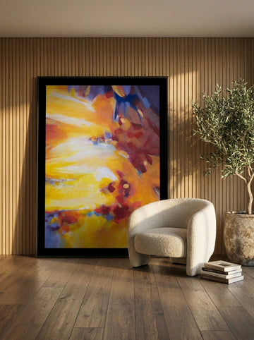 Oversized statement modern wall art print leaning against the wall in a luxe dining room