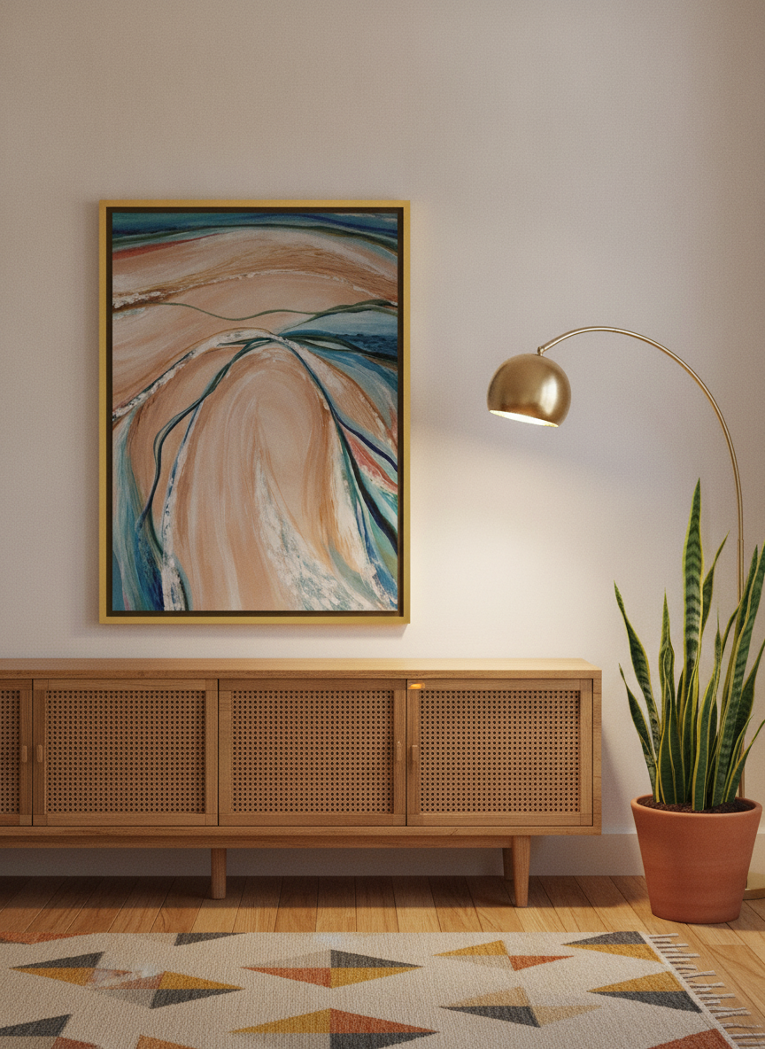 Canvas wall art with a gold leaf surround standing on a sideboard in a mid-century living room