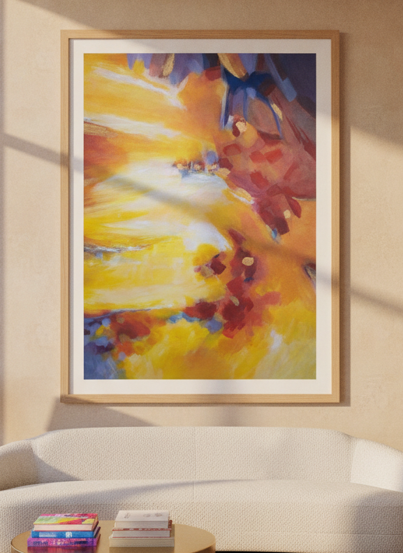 Oversized statement modern wall art print styled on the wall in a luxe living room