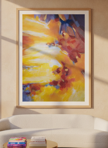 Oversized statement modern wall art print styled on the wall in a luxe living room