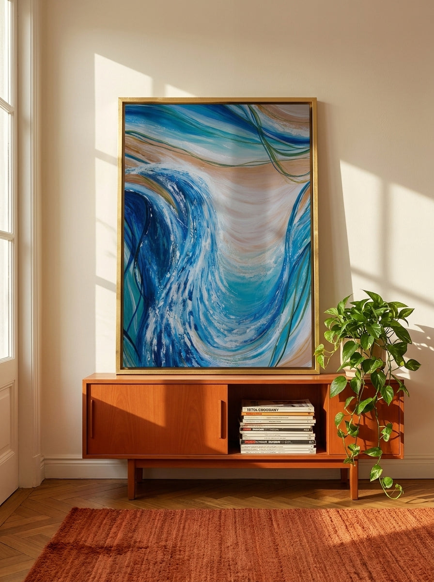 Canvas wall art with a gold leaf surround standing on a sideboard in a retro 70s living room