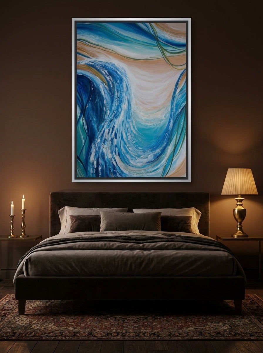 Canvas wall art with a silver leaf surround styled on the wall in a moody bedroom