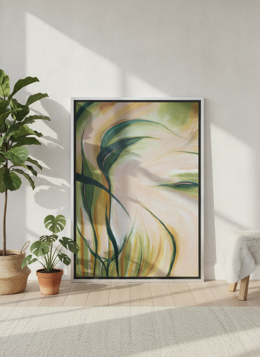 Oversized statement canvas wall art with a silver leaf surround leaning against the wall in a bright Scandinavian dining room