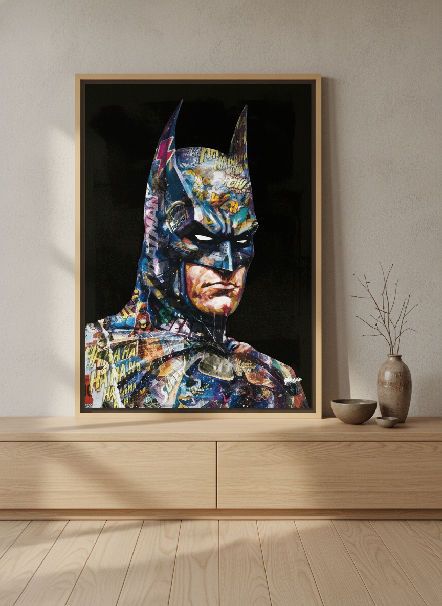 Canvas wall art with a natural timber surround standing on a sideboard in a warm Japandi home office