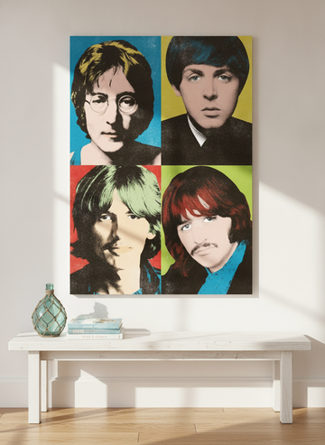 Stretched canvas wall art standing on a console in a coastal home office