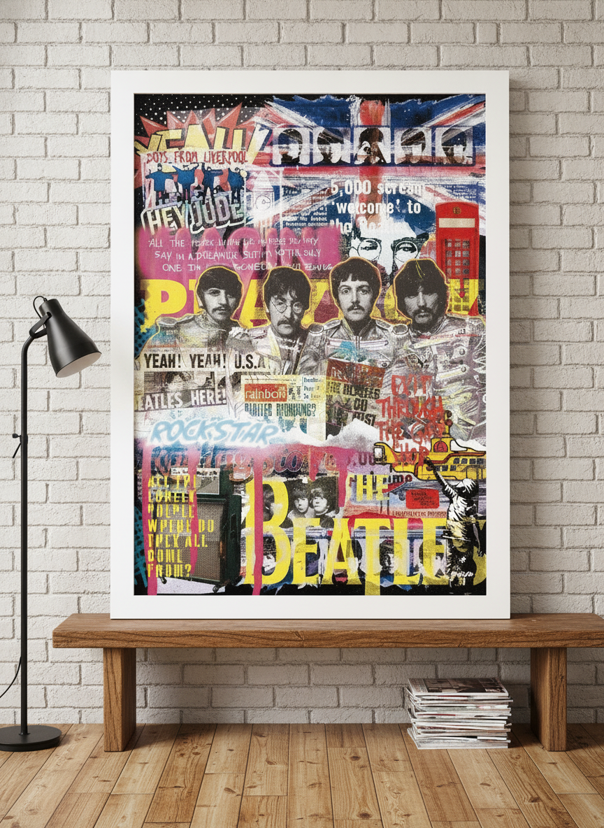 Modern wall art print standing on a bench in an industrial loft home office
