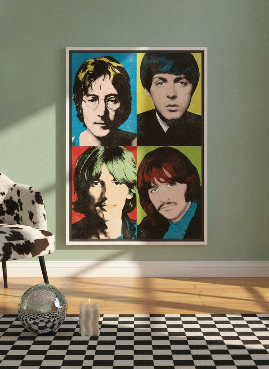 Canvas wall art with a white surround leaning against the wall in a colourful eclectic bedroom