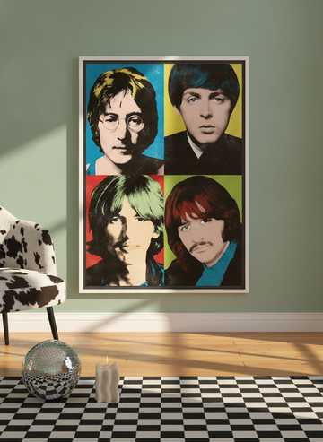 Canvas wall art with a white surround leaning against the wall in a colourful eclectic bedroom