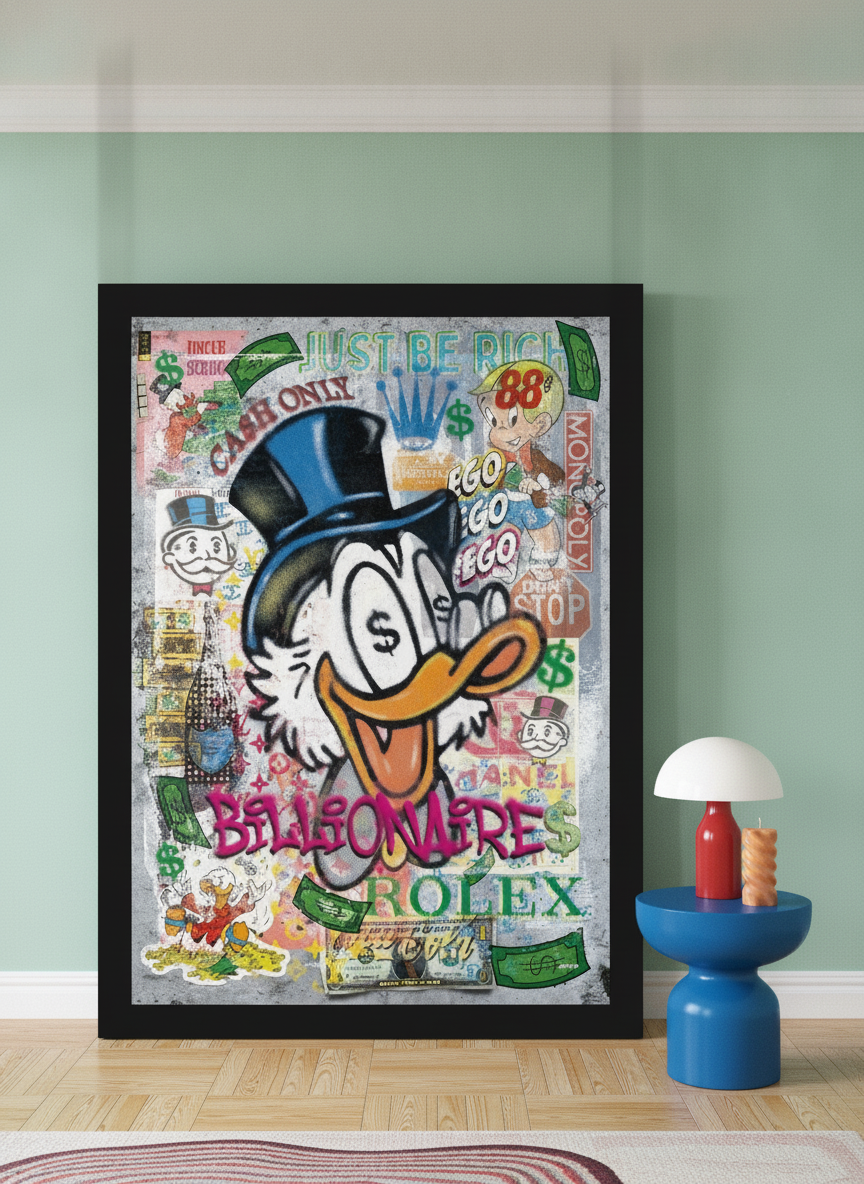 Oversized statement modern wall art print leaning against the wall in a colourful eclectic living room