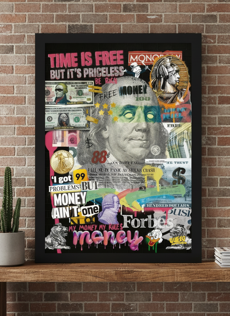 Modern wall art print standing on a bench in an industrial loft home office