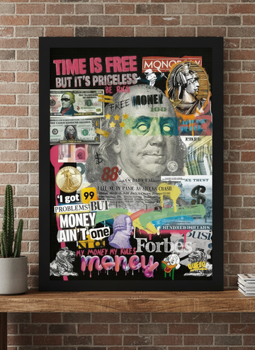 Modern wall art print standing on a bench in an industrial loft home office