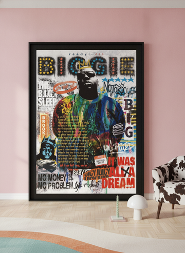 Oversized statement modern wall art print leaning against the wall in a colourful eclectic living room