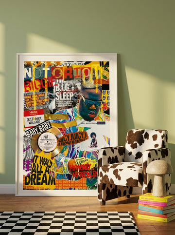 Modern wall art print leaning against the wall in a colourful eclectic dining room