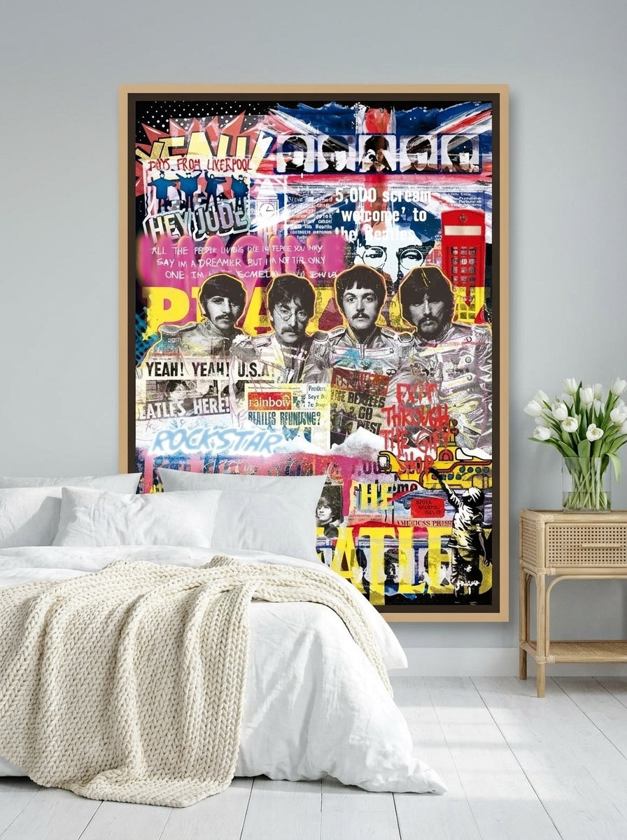 Canvas wall art with a natural timber surround styled on the wall in a bright Scandinavian bedroom