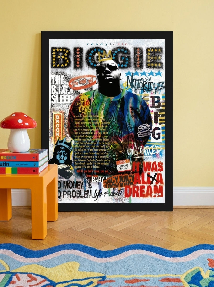 Modern wall art print standing on a side table in a colourful eclectic living room