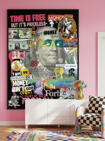 Oversized statement canvas wall art with a black surround styled on the wall in a colourful eclectic living room
