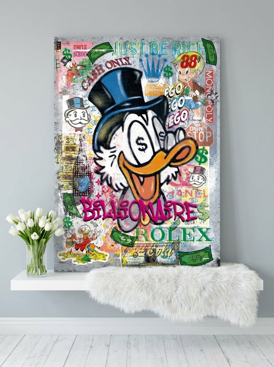 Stretched canvas wall art standing on a shelf in a bright Scandinavian home office