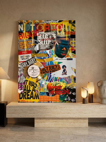 Stretched canvas wall art standing on a console in a luxe home office