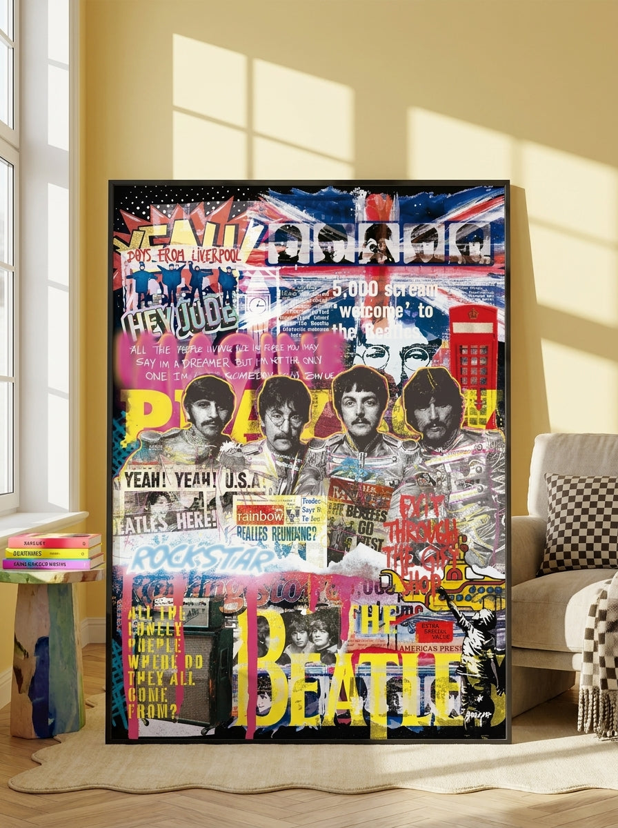 Oversized statement modern wall art print leaning against the wall in a colourful eclectic living room