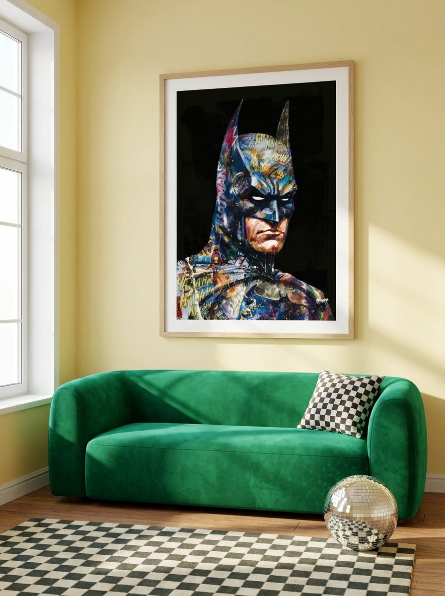 Modern wall art print styled on the wall in a colourful eclectic living room