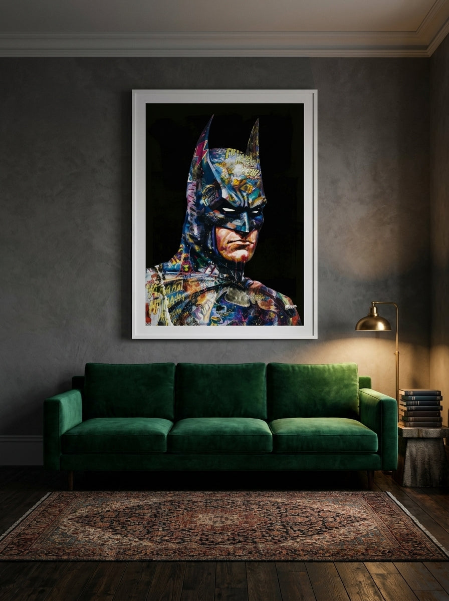 Oversized statement modern wall art print styled on the wall in a moody living room