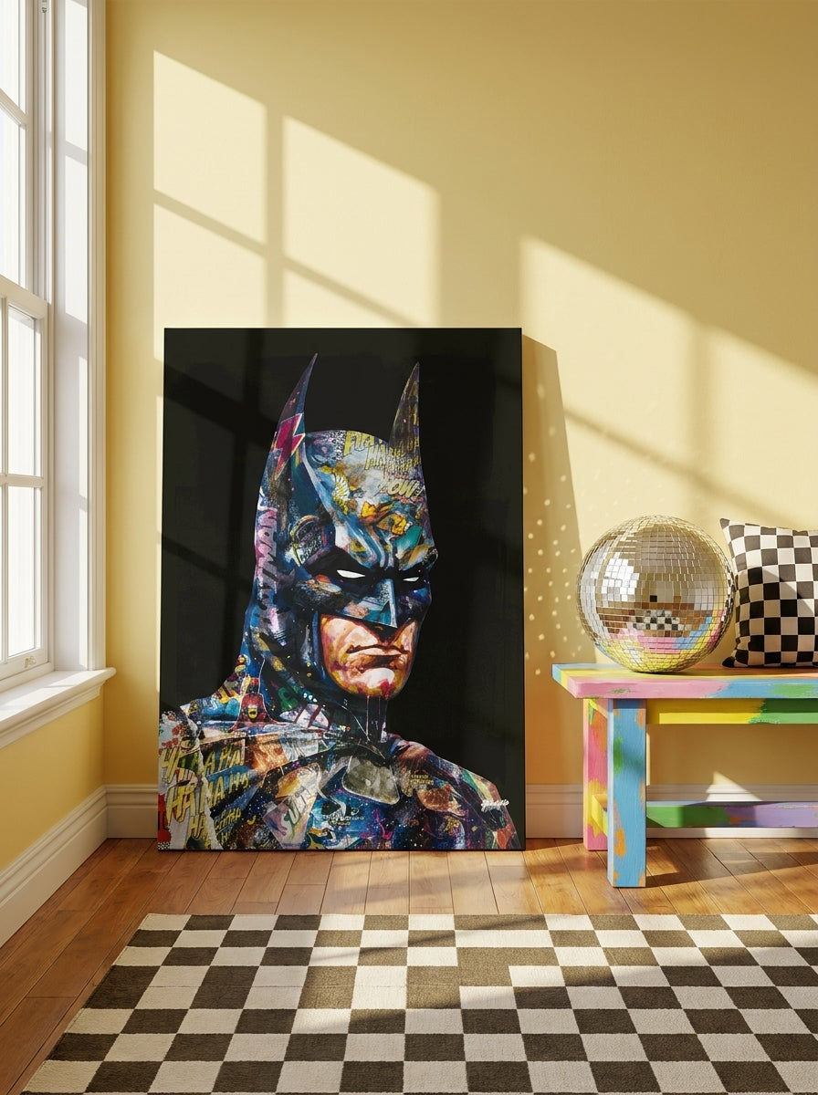 Stretched canvas wall art standing on a side table in a colourful eclectic bedroom