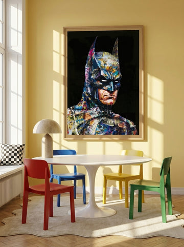 Modern wall art print styled on the wall in a colourful eclectic dining room