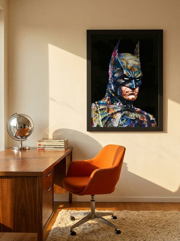 Modern wall art print styled on the wall in a retro 70s home office