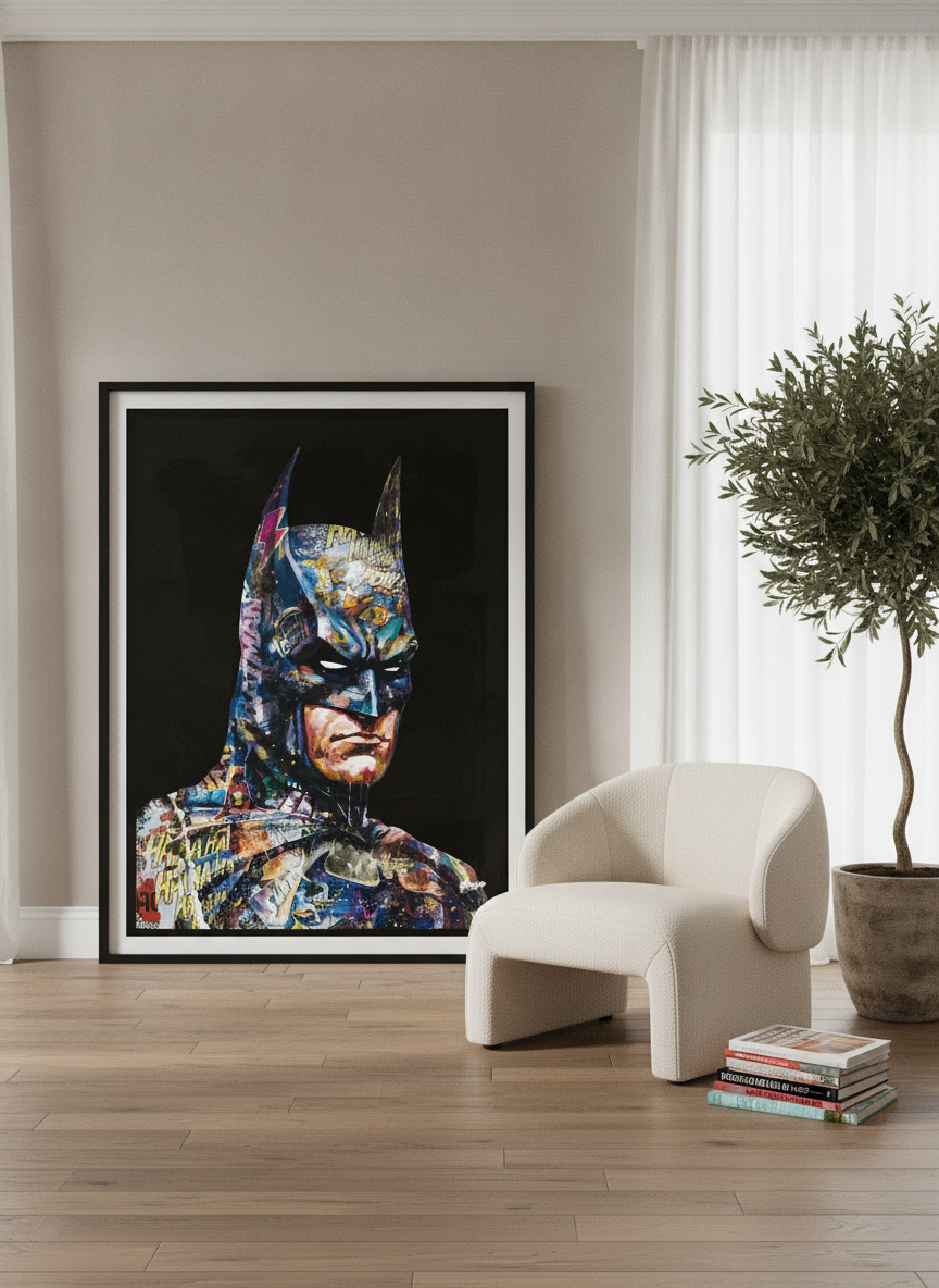 Oversized statement canvas wall art with a black surround leaning against the wall in a luxe living room