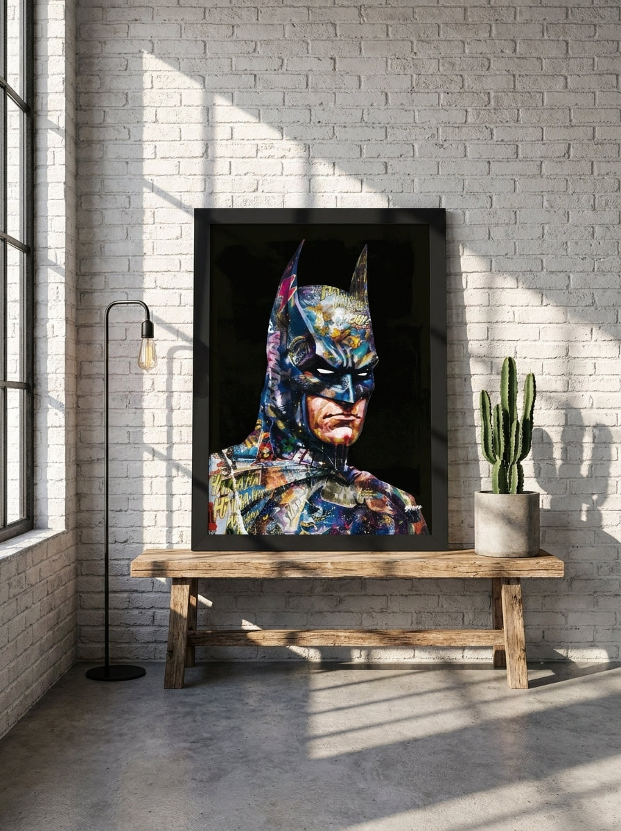 Modern wall art print standing on a bench in an industrial loft home office