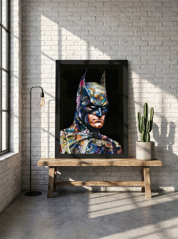 Modern wall art print standing on a bench in an industrial loft home office