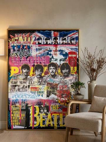 Oversized statement canvas wall art with a gold leaf surround leaning against the wall in a warm Japandi home office