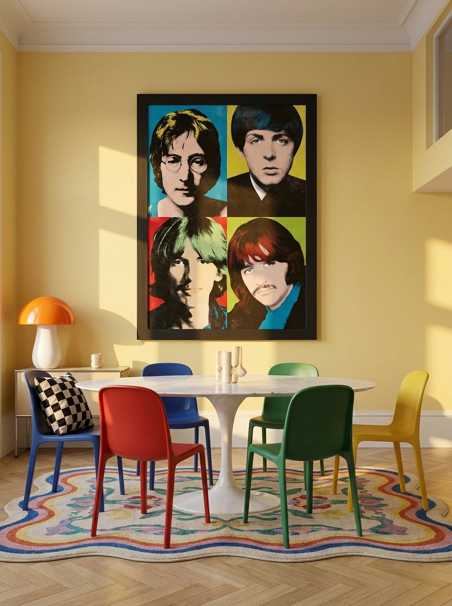 Oversized statement modern wall art print styled on the wall in a colourful eclectic dining room