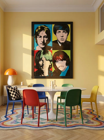 Oversized statement modern wall art print styled on the wall in a colourful eclectic dining room