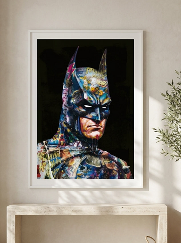 Oversized statement modern wall art print styled on the wall in a Mediterranean living room