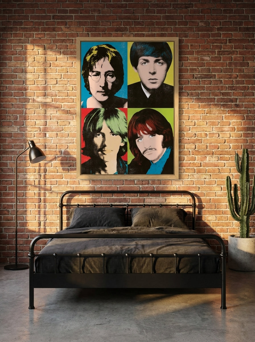 Modern wall art print styled on the wall in an industrial loft bedroom