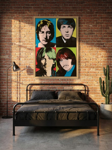 Modern wall art print styled on the wall in an industrial loft bedroom