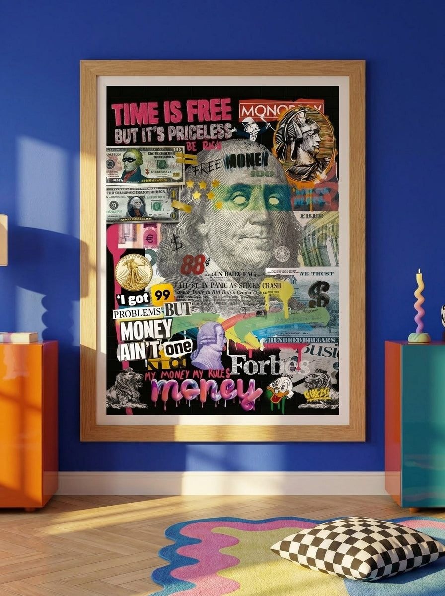 Modern wall art print styled on the wall in a colourful eclectic living room