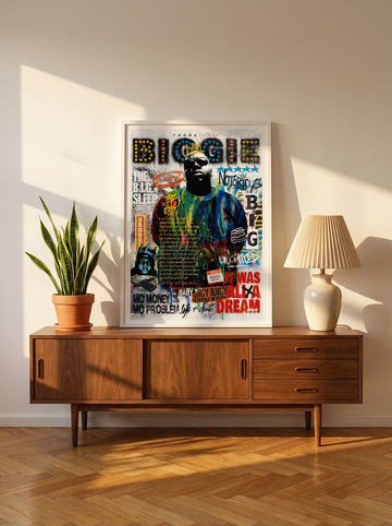 Modern wall art print standing on a sideboard in a mid-century home office