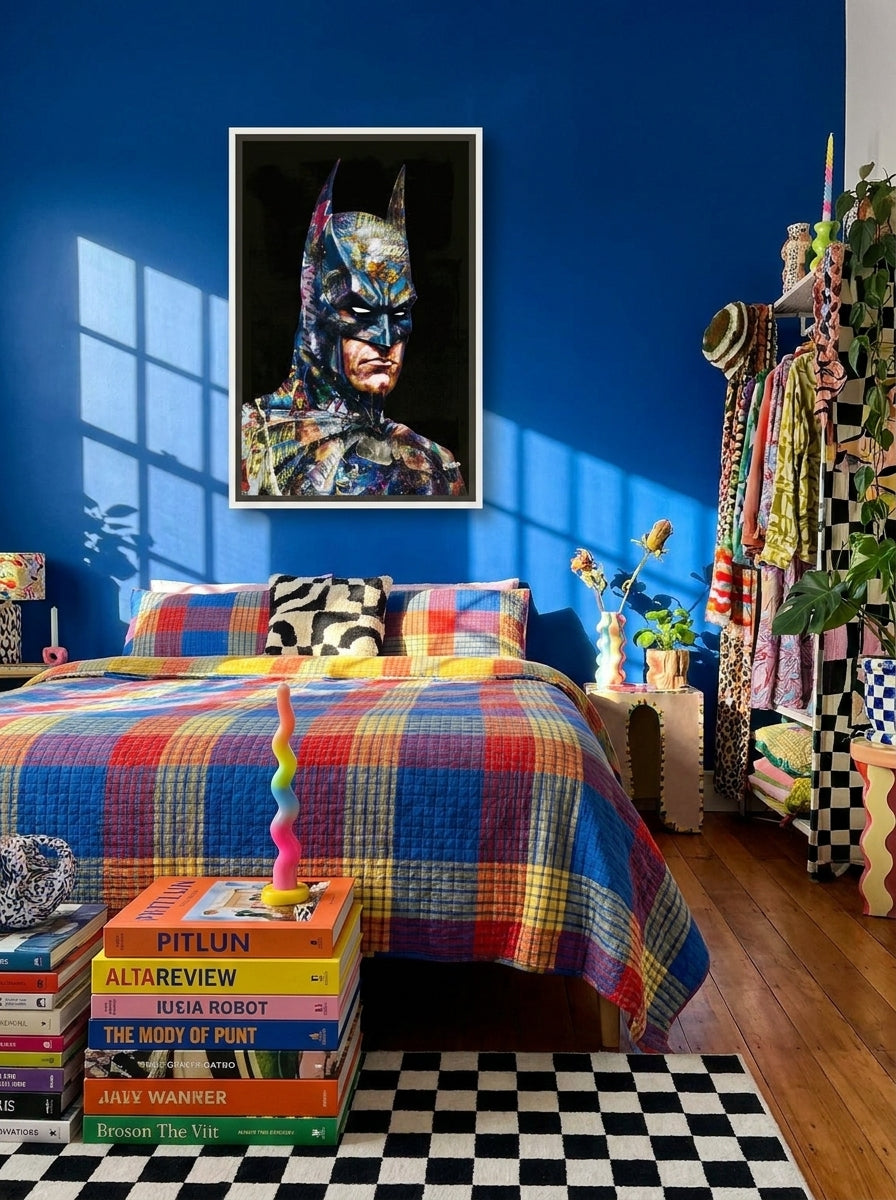 Canvas wall art with a white surround styled on the wall in a colourful eclectic bedroom
