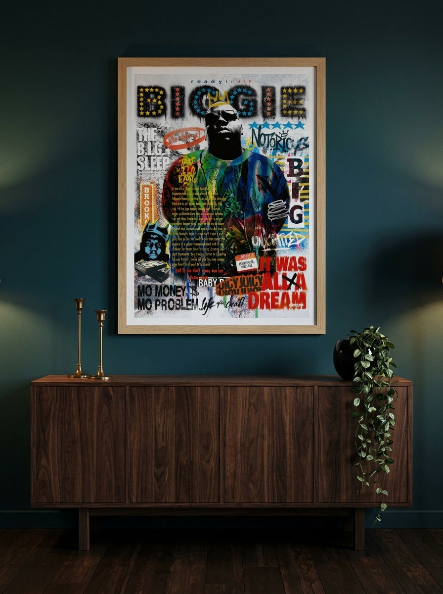 Modern wall art print styled on the wall in a moody living room