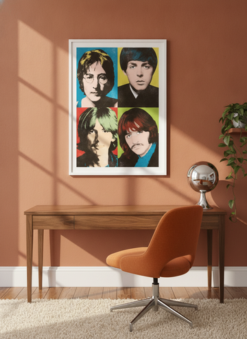 Modern wall art print styled on the wall in a retro 70s home office