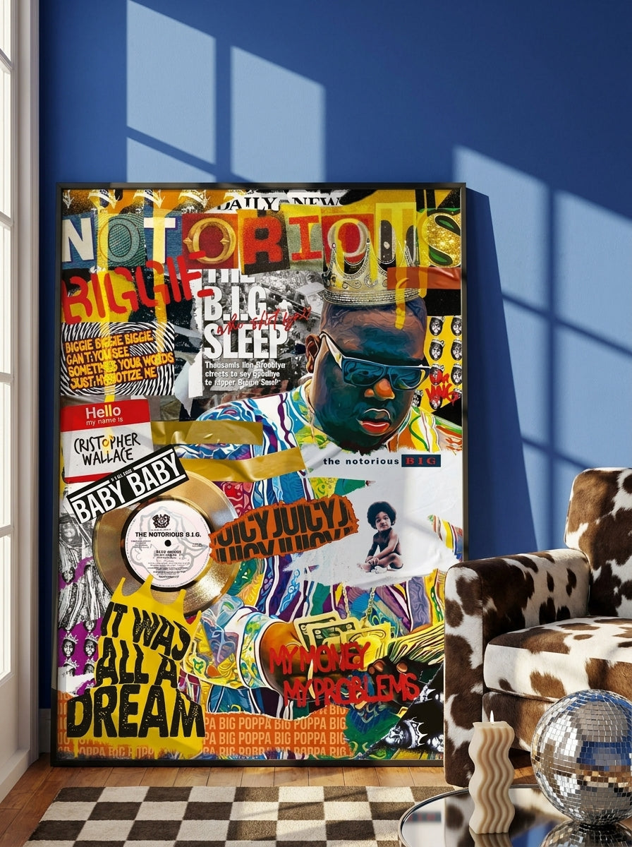 Oversized statement modern wall art print leaning against the wall in a colourful eclectic bedroom