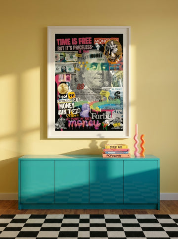 Oversized statement modern wall art print styled on the wall in a colourful eclectic living room