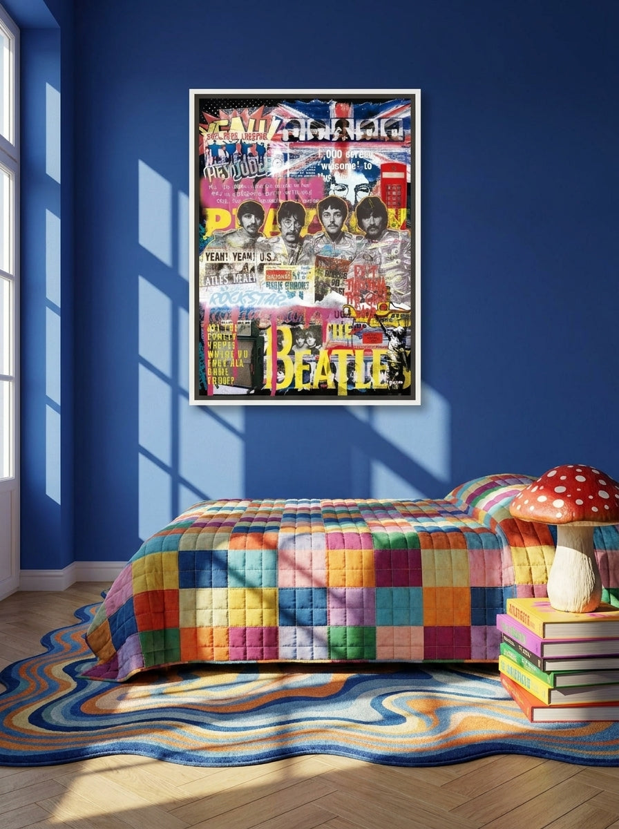Canvas wall art with a white surround styled on the wall in a colourful eclectic bedroom